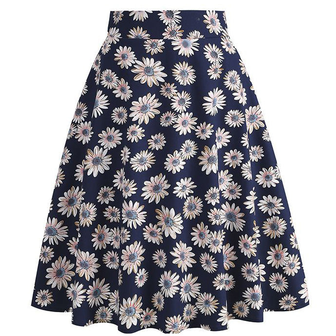 Womens 1950s Retro Lemon Vintage A-line Printed Pleated Flared Midi Skirt Blue