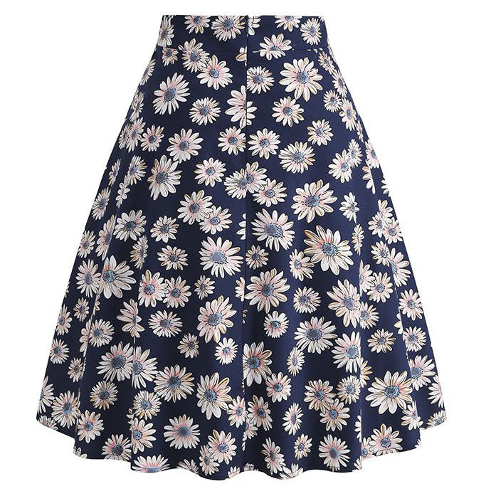 Womens 1950s Retro Lemon Vintage A-line Printed Pleated Flared Midi Skirt Blue