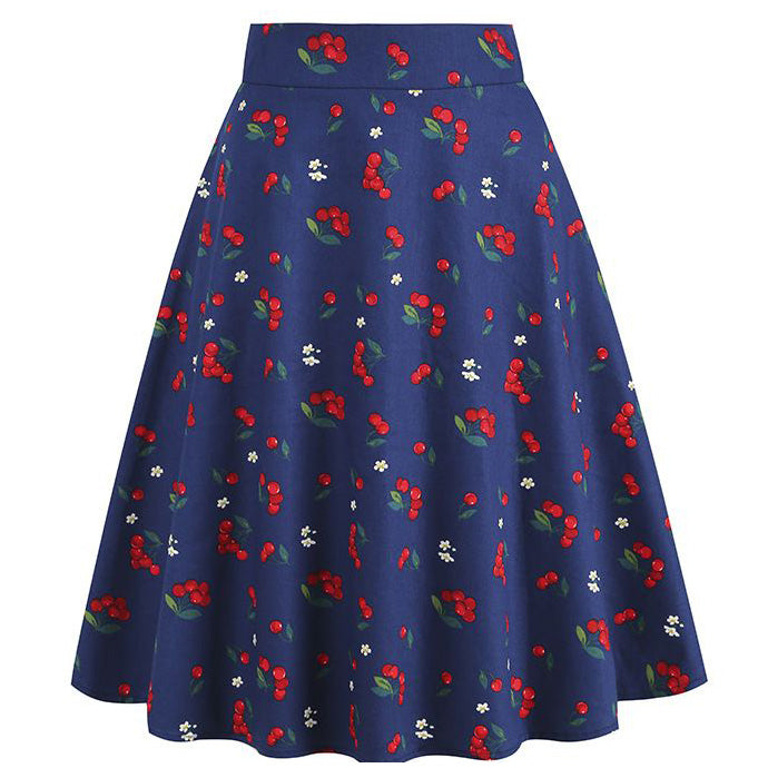 Womens 1950s Retro Lemon Vintage A-line Printed Pleated Flared Midi Skirt Cherry