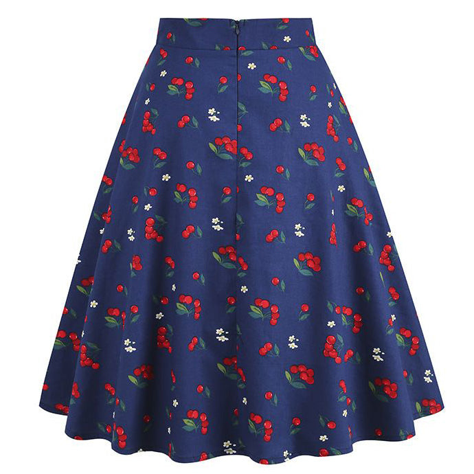 Womens 1950s Retro Lemon Vintage A-line Printed Pleated Flared Midi Skirt Cherry