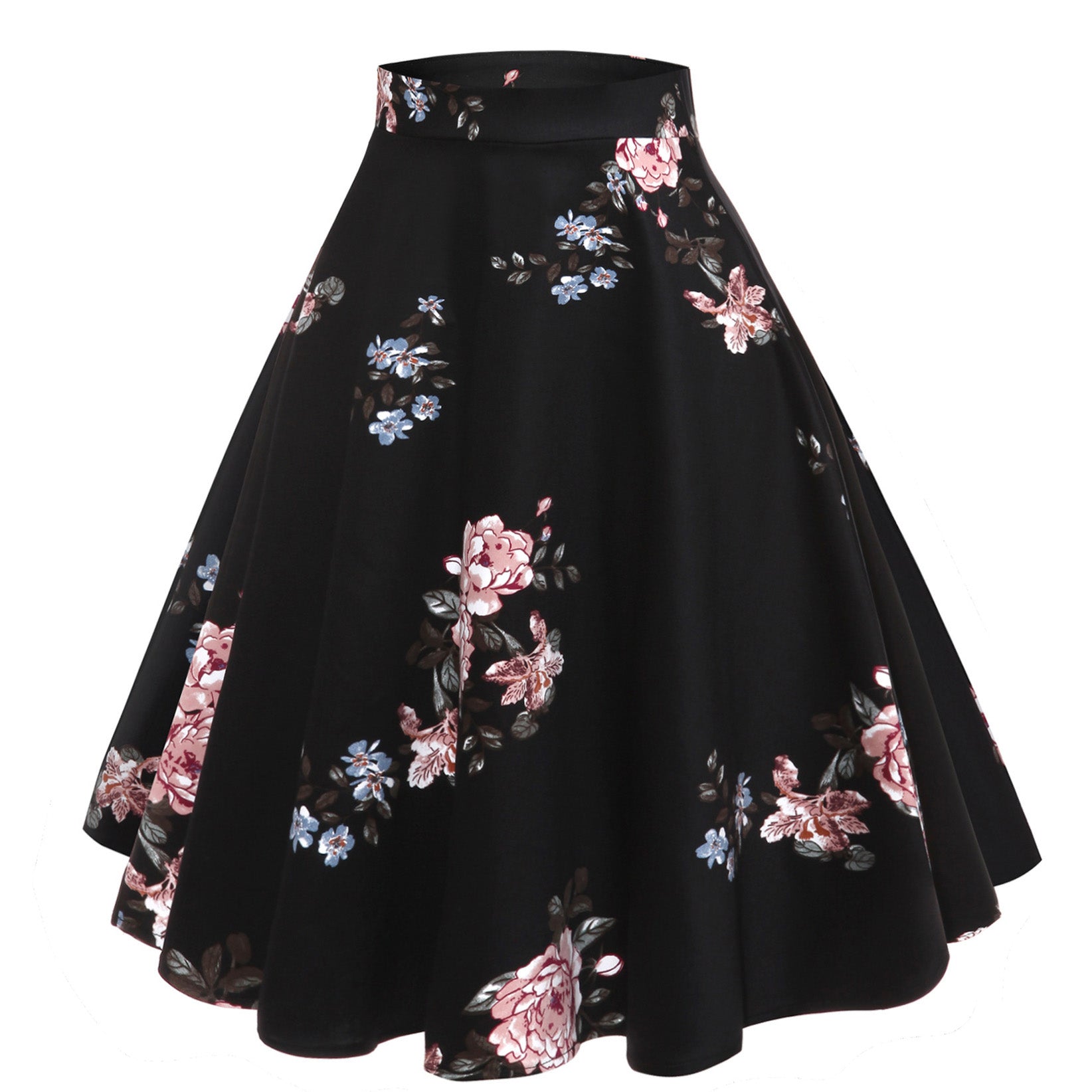 Womens 1950s Retro Lemon Vintage A-line Printed Pleated Flared Midi Skirt Peony