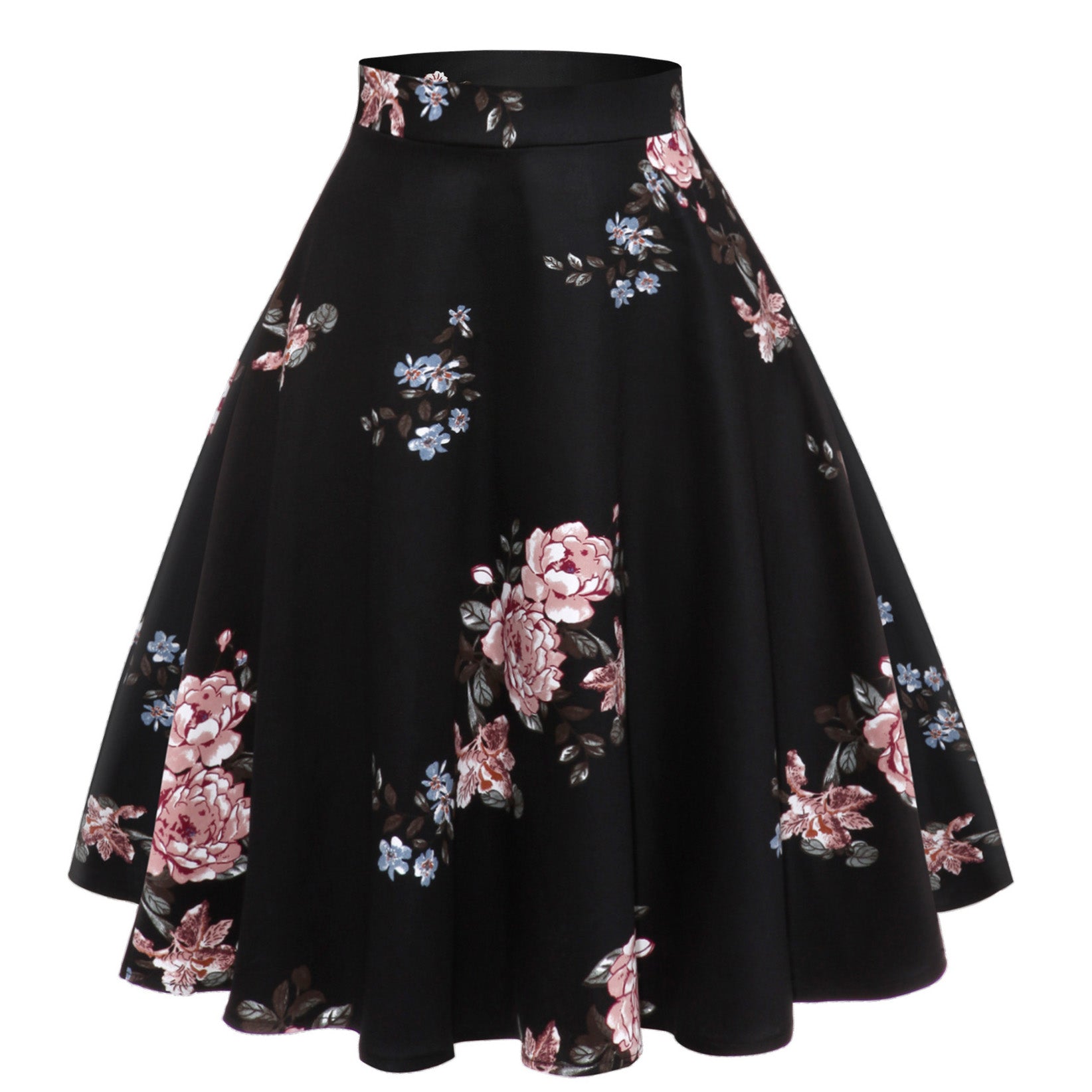 Womens 1950s Retro Lemon Vintage A-line Printed Pleated Flared Midi Skirt Peony