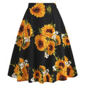 Womens 1950s Retro Lemon Vintage A-line Printed Pleated Flared Midi Skirt Sunflower
