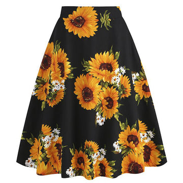 Womens 1950s Retro Lemon Vintage A-line Printed Pleated Flared Midi Skirt Sunflower