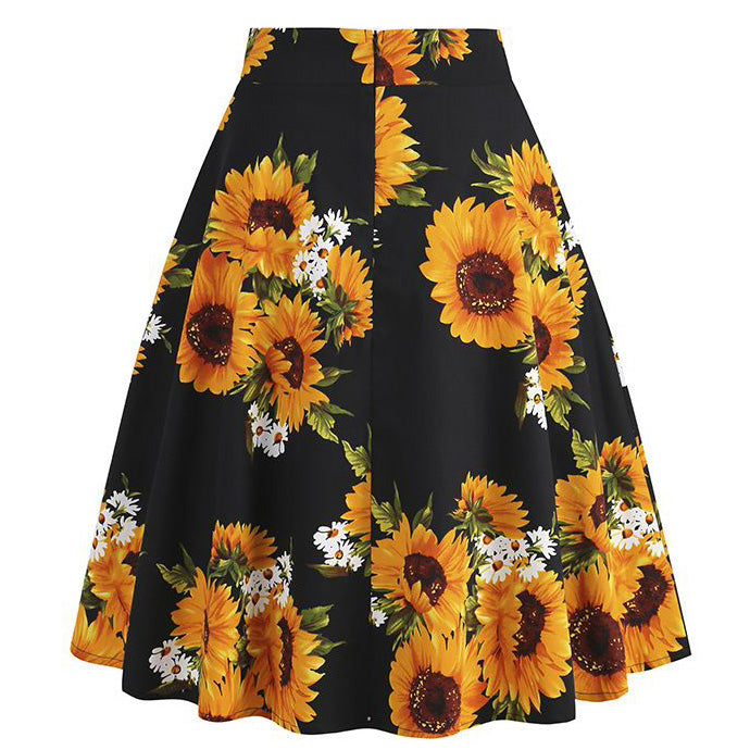 Womens 1950s Retro Lemon Vintage A-line Printed Pleated Flared Midi Skirt Sunflower