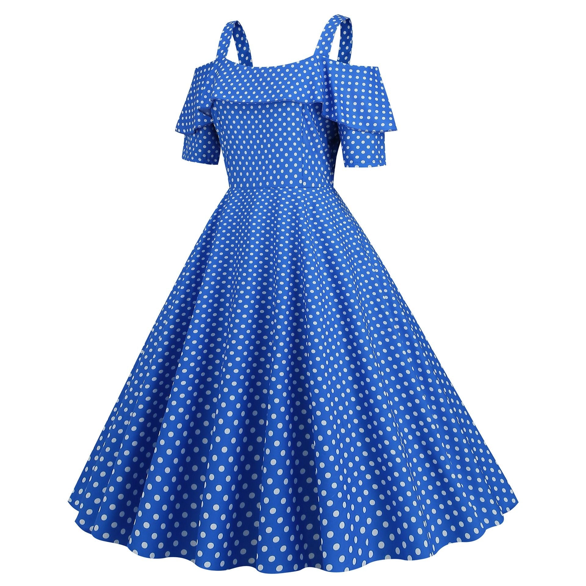 Womens 1950s Retro Rockabilly Polka Dot Casual Dress Vintage Style Prom Dress Blue