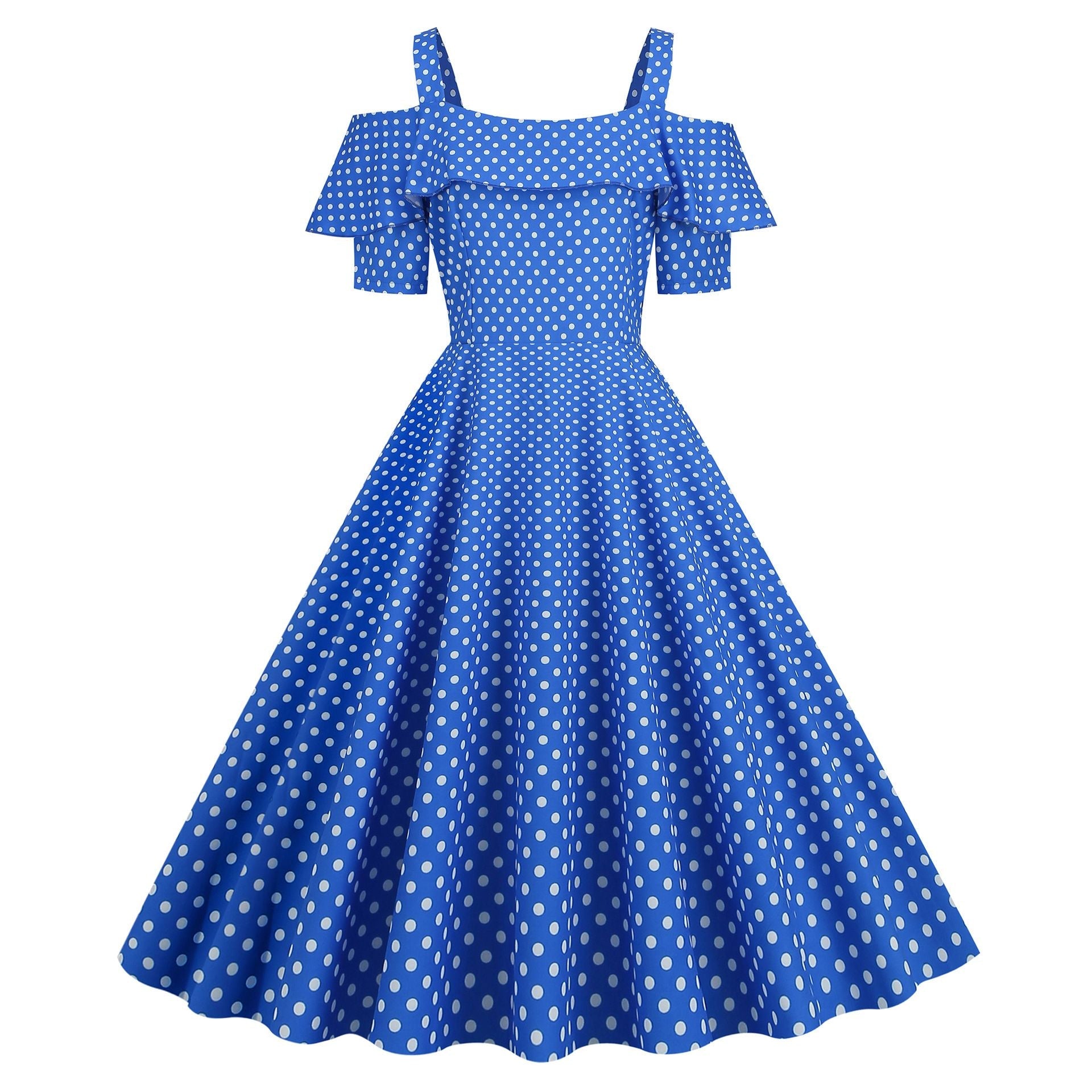Womens 1950s Retro Rockabilly Polka Dot Casual Dress Vintage Style Prom Dress Blue