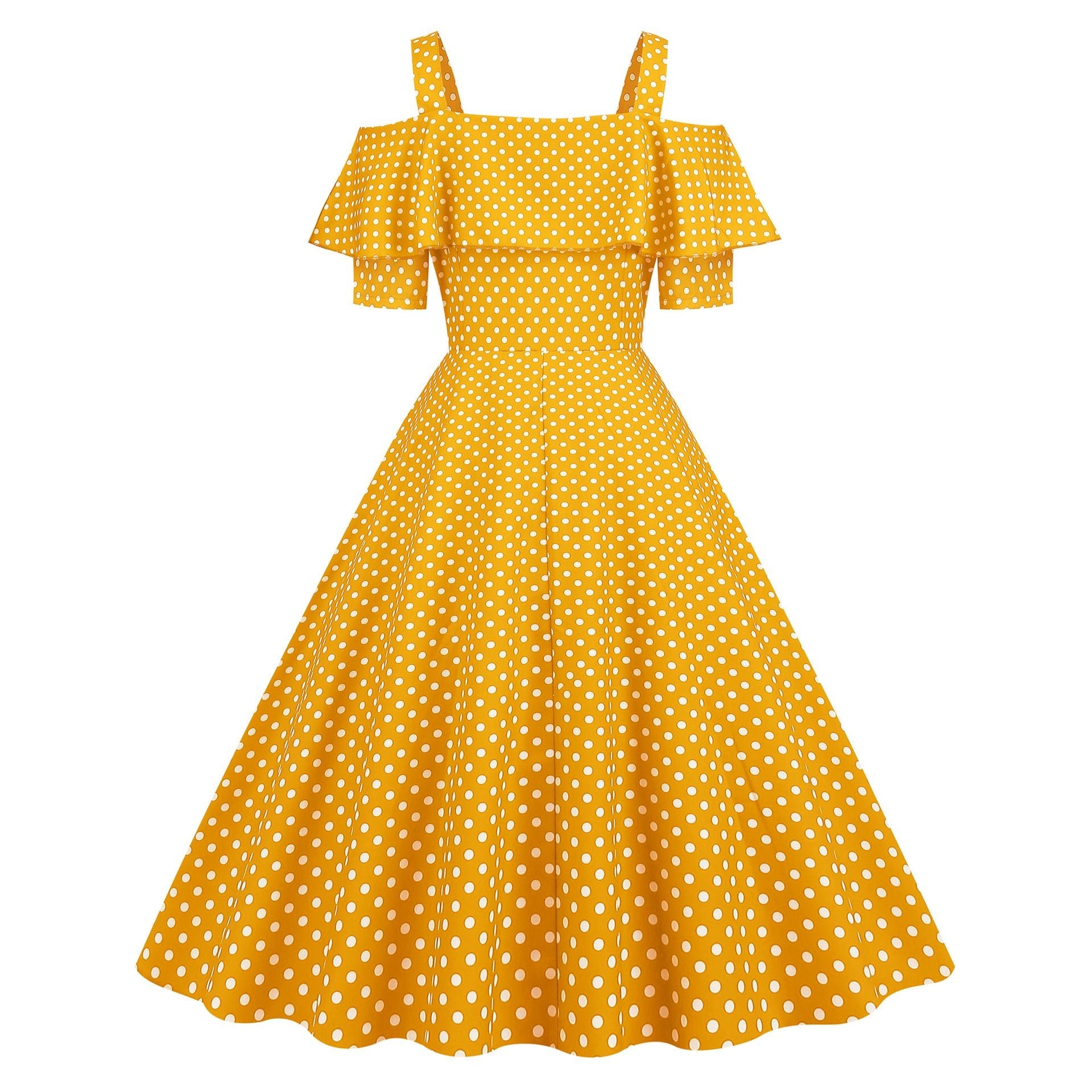 Womens 1950s Retro Rockabilly Polka Dot Casual Dress Vintage Style Prom Dress Yellow