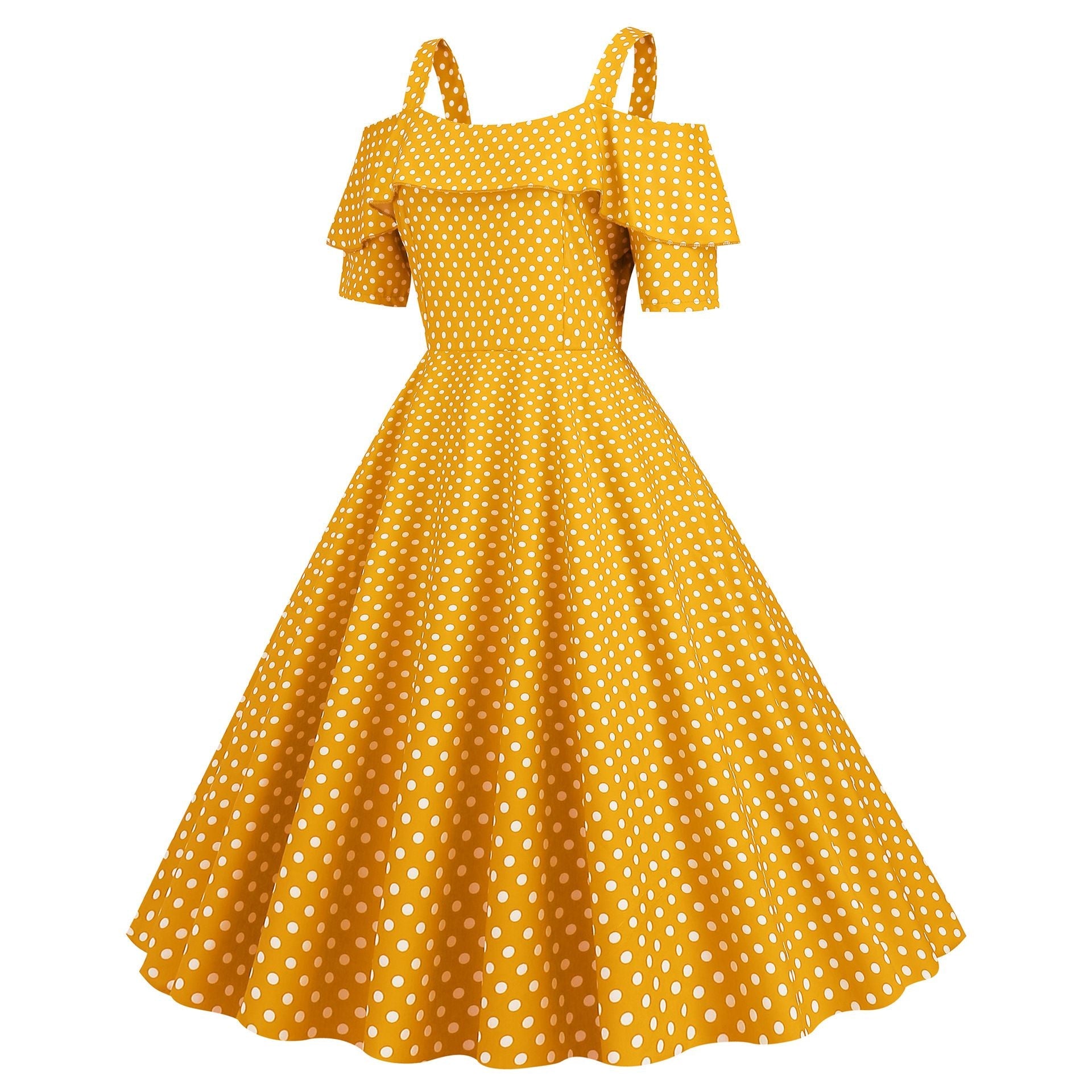 Womens 1950s Retro Rockabilly Polka Dot Casual Dress Vintage Style Prom Dress Yellow