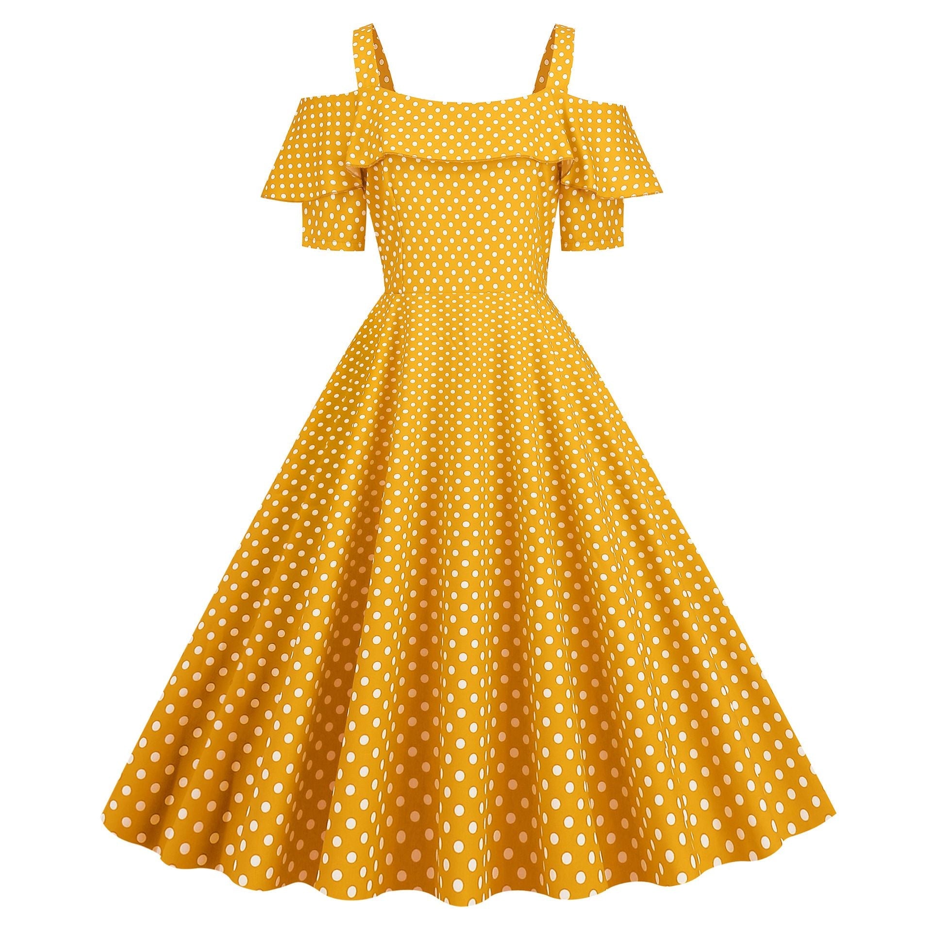 Womens 1950s Retro Rockabilly Polka Dot Casual Dress Vintage Style Prom Dress Yellow