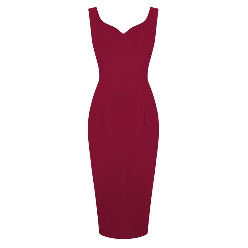 Womens 1950s Sexy Bodycon Dresses for Party Sleeveless V Neck Pencil Dress Wine