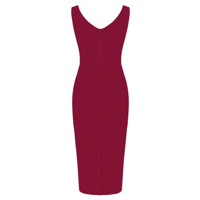 Womens 1950s Sexy Bodycon Dresses for Party Sleeveless V Neck Pencil Dress Wine