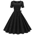 Womens 1950s Vintage Dress Bowknot Prom Short Sleeve Polka Dot Party Dress Black