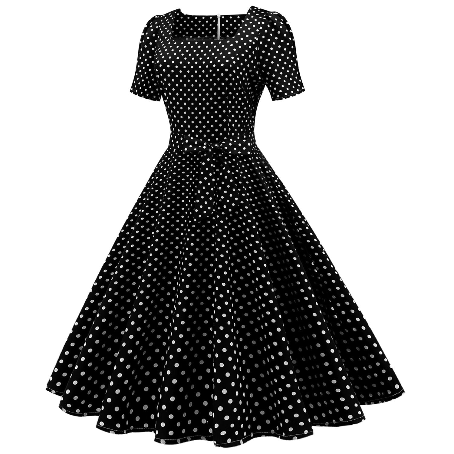Womens 1950s Vintage Dress Bowknot Prom Short Sleeve Polka Dot Party Dress Black