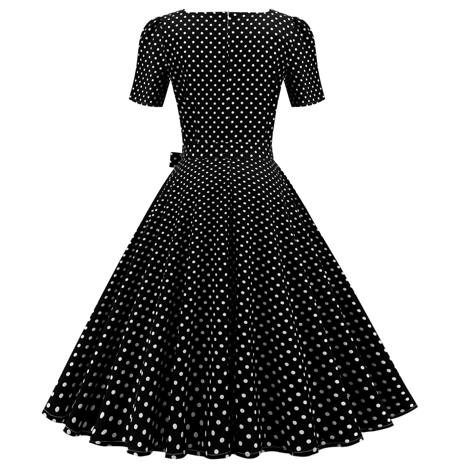 Womens 1950s Vintage Dress Bowknot Prom Short Sleeve Polka Dot Party Dress Black