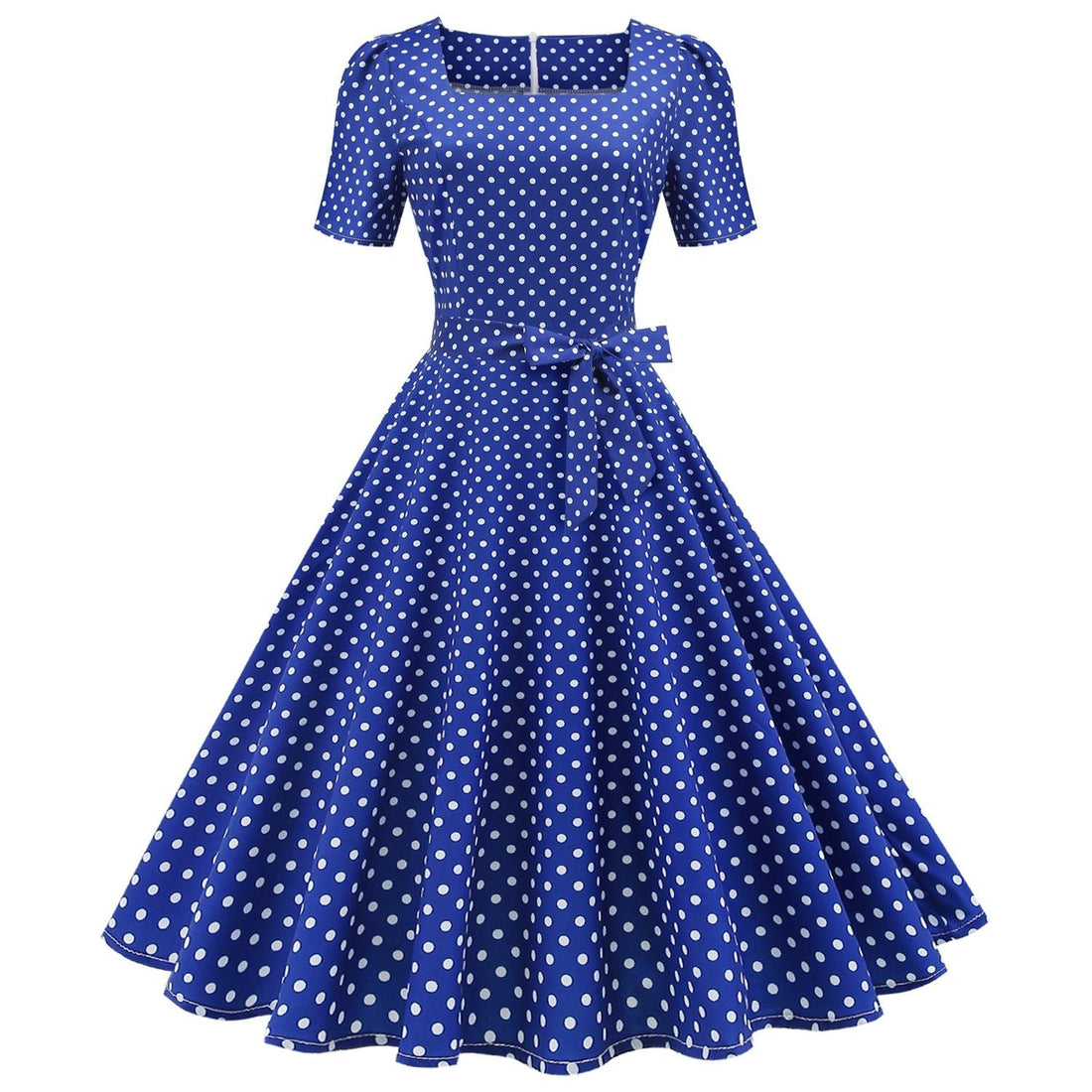 Womens 1950s Vintage Dress Bowknot Prom Short Sleeve Polka Dot Party Dress Blue