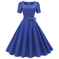 Womens 1950s Vintage Dress Bowknot Prom Short Sleeve Polka Dot Party Dress Blue