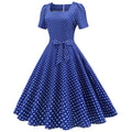 Womens 1950s Vintage Dress Bowknot Prom Short Sleeve Polka Dot Party Dress Blue