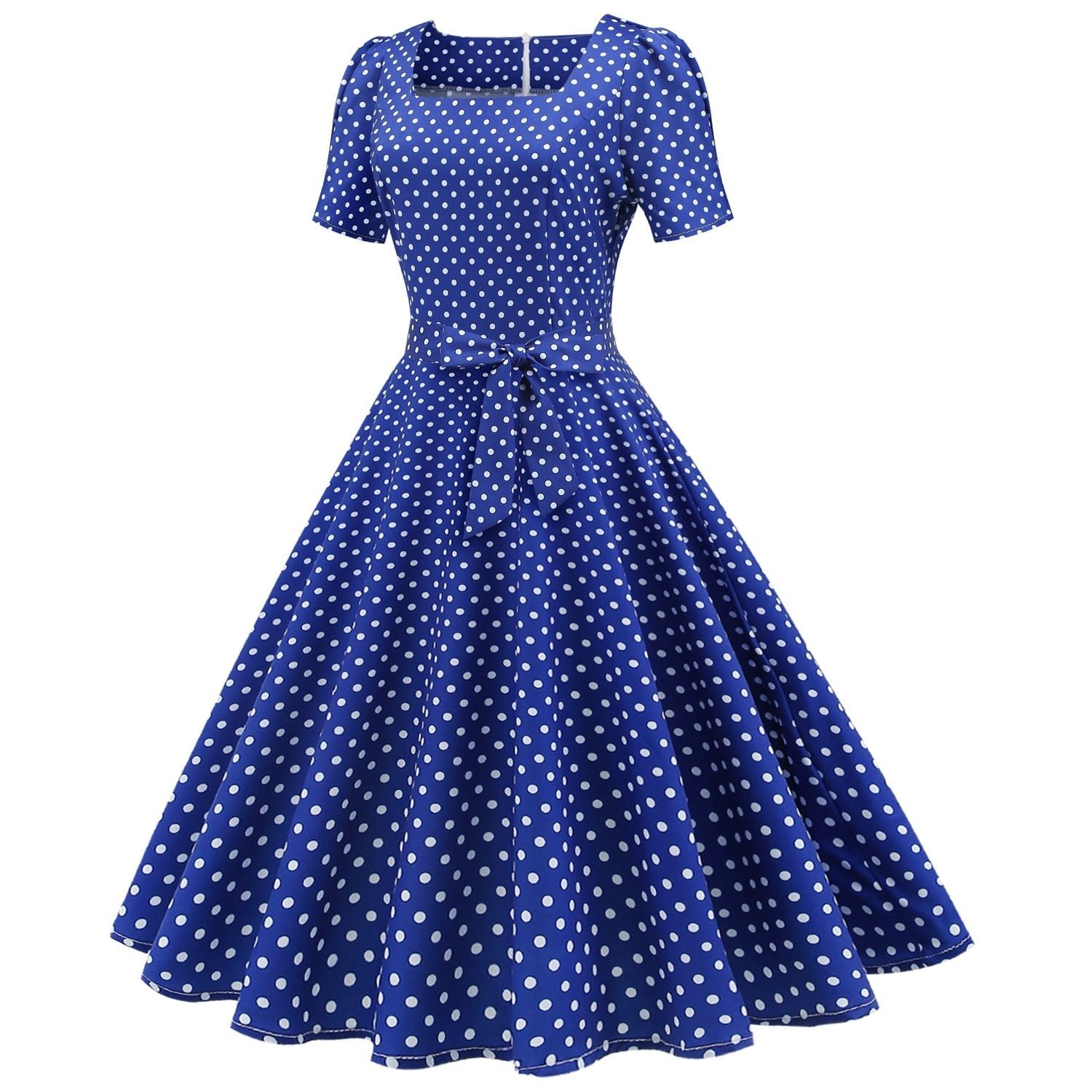 Womens 1950s Vintage Dress Bowknot Prom Short Sleeve Polka Dot Party Dress Blue