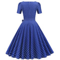Womens 1950s Vintage Dress Bowknot Prom Short Sleeve Polka Dot Party Dress Blue