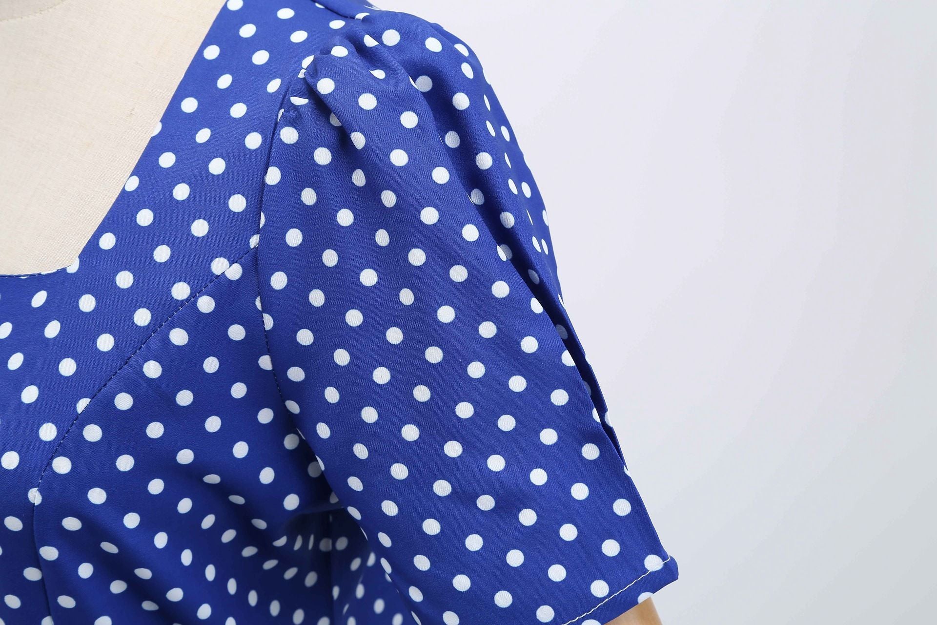 Womens 1950s Vintage Dress Bowknot Prom Short Sleeve Polka Dot Party Dress Blue