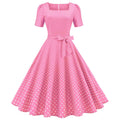 Womens 1950s Vintage Dress Bowknot Prom Short Sleeve Polka Dot Party Dress Pink