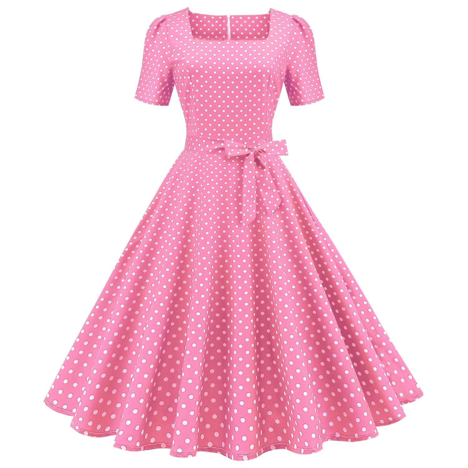 Womens 1950s Vintage Dress Bowknot Prom Short Sleeve Polka Dot Party Dress Pink