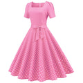 Womens 1950s Vintage Dress Bowknot Prom Short Sleeve Polka Dot Party Dress Pink