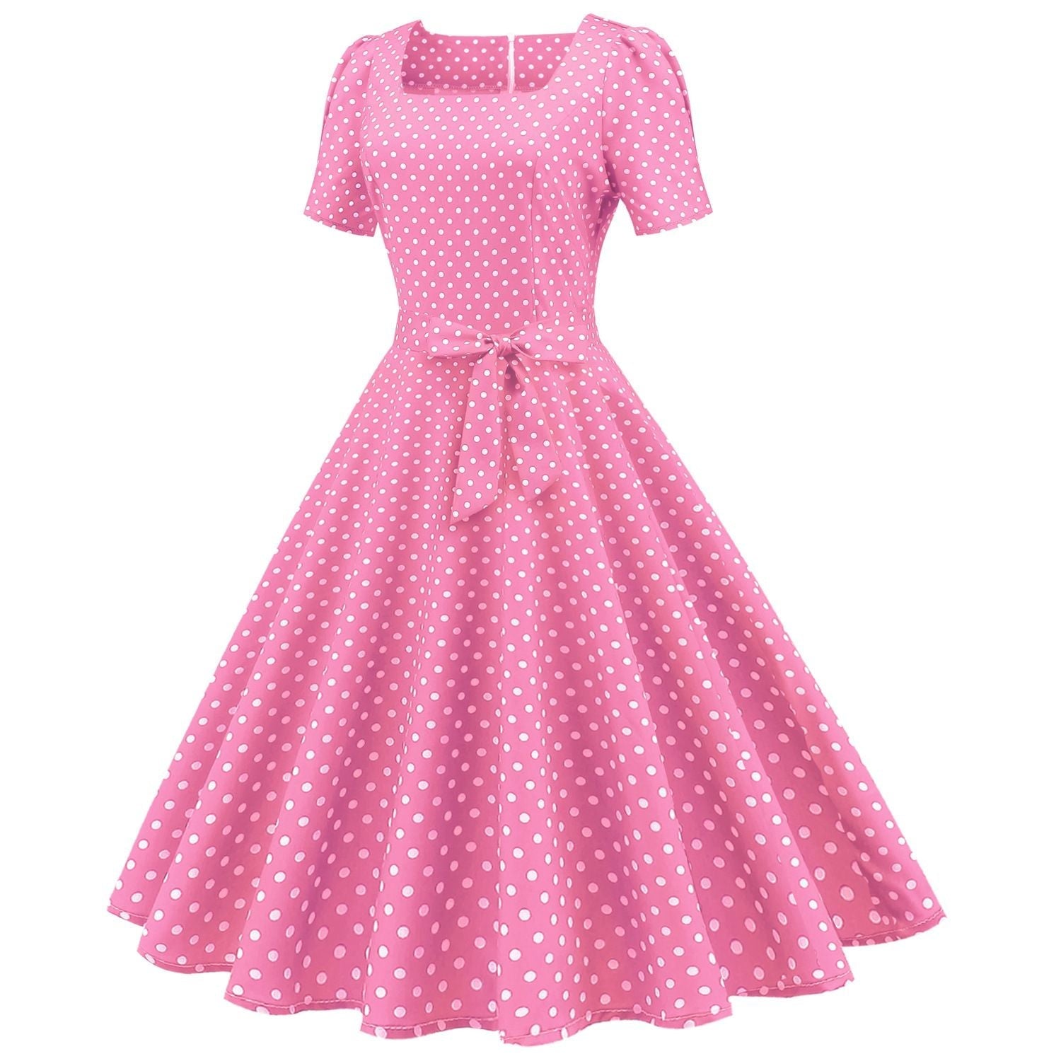 Womens 1950s Vintage Dress Bowknot Prom Short Sleeve Polka Dot Party Dress Pink