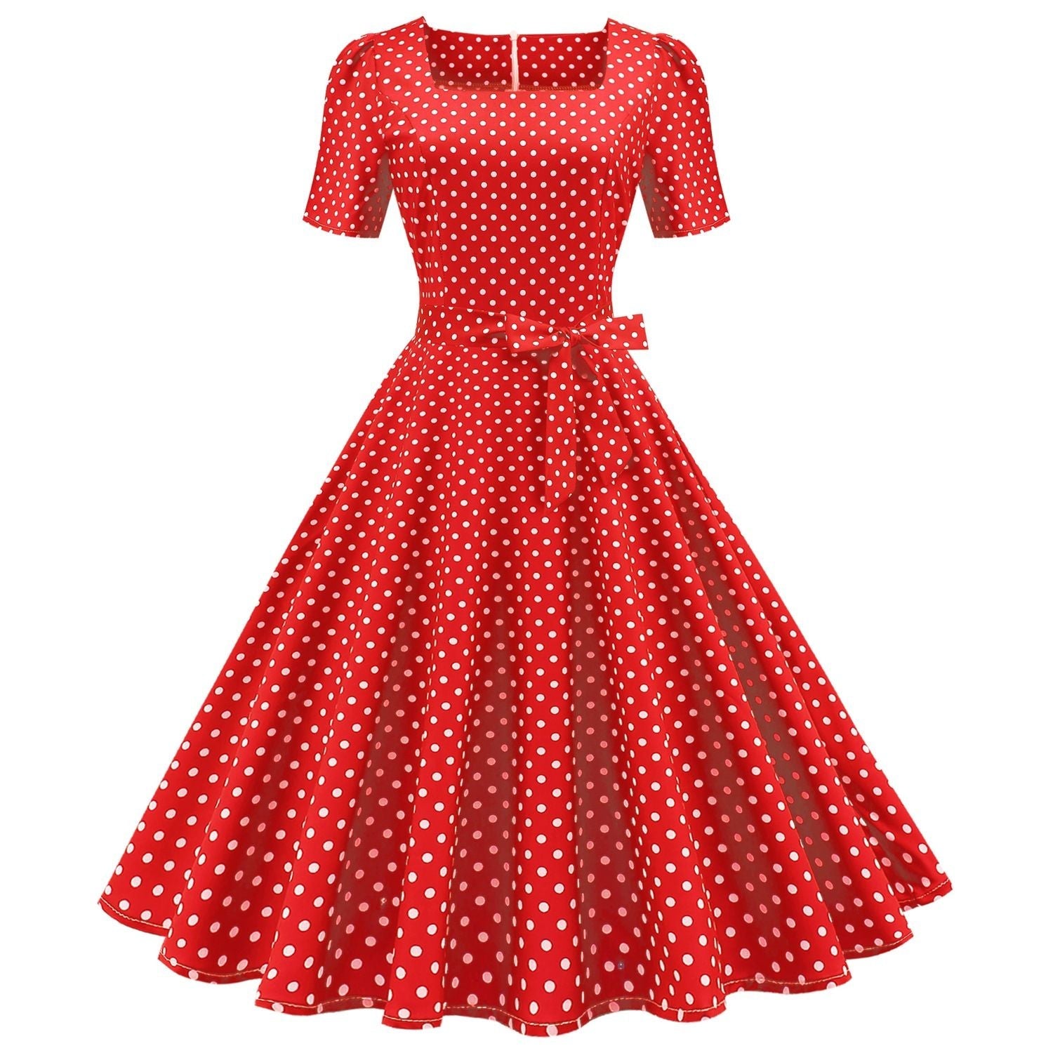 Womens 1950s Vintage Dress Bowknot Prom Short Sleeve Polka Dot Party Dress Red