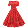 Womens 1950s Vintage Dress Bowknot Prom Short Sleeve Polka Dot Party Dress Red
