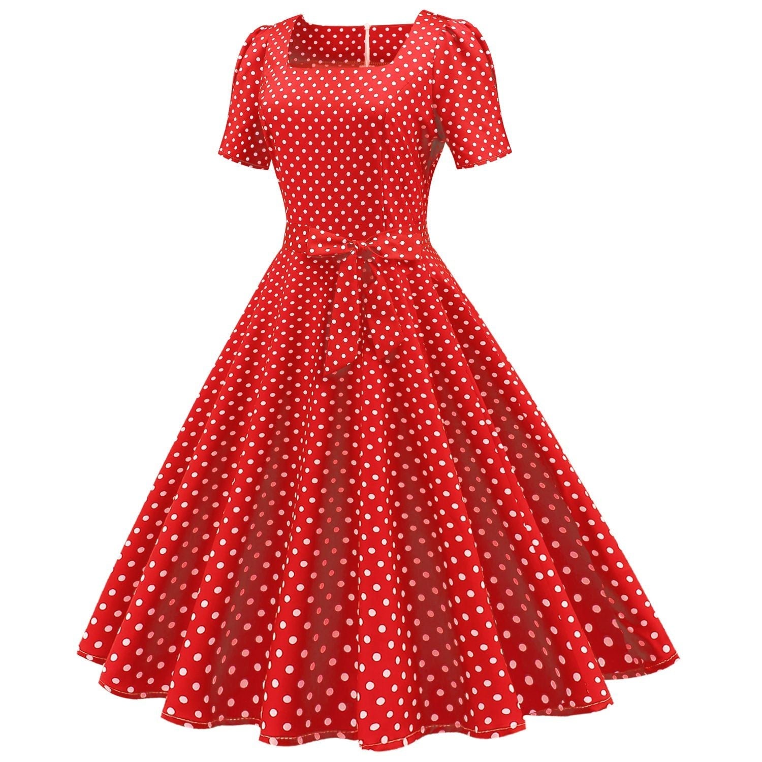 Womens 1950s Vintage Dress Bowknot Prom Short Sleeve Polka Dot Party Dress Red