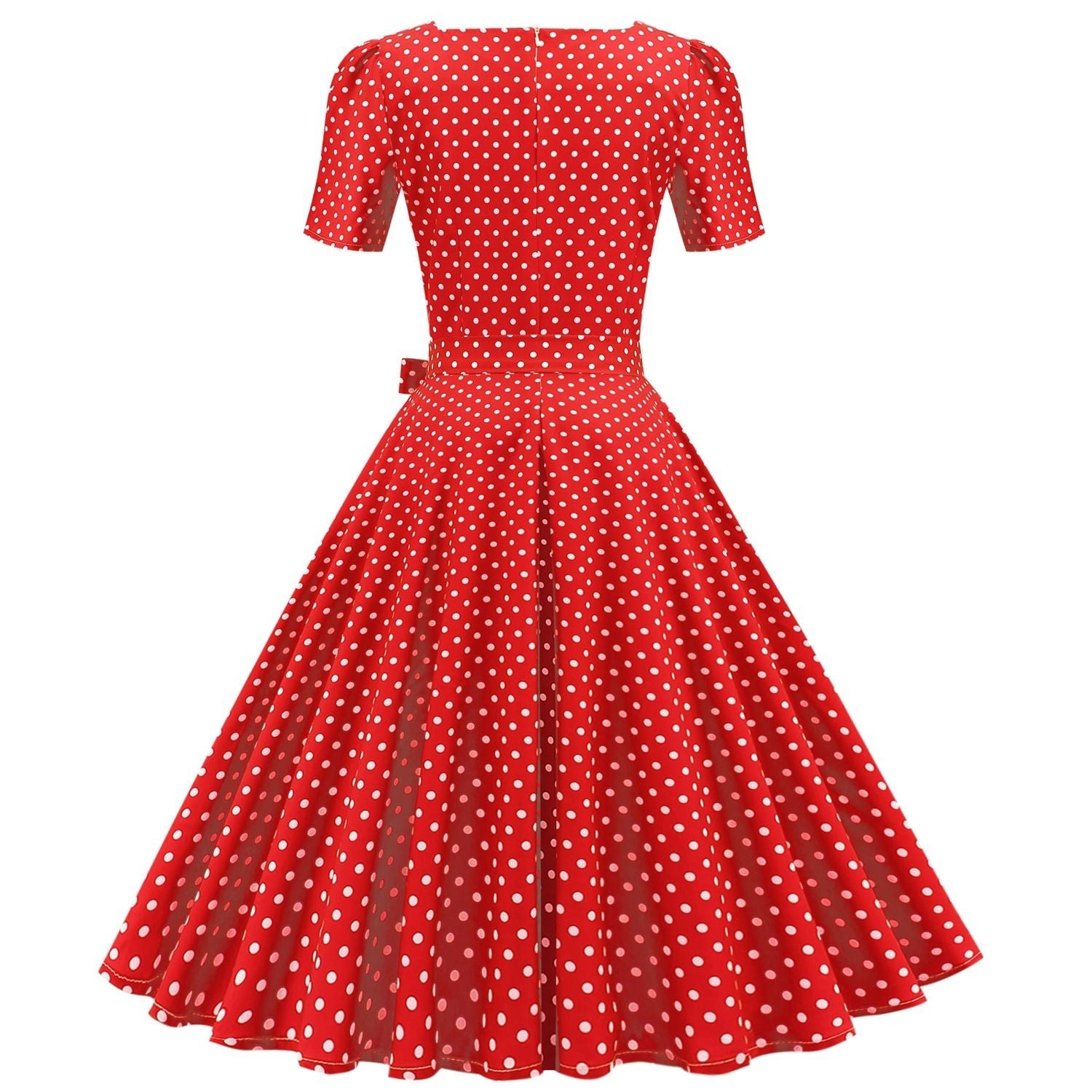 Womens 1950s Vintage Dress Bowknot Prom Short Sleeve Polka Dot Party Dress Red