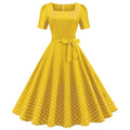 Womens 1950s Vintage Dress Bowknot Prom Short Sleeve Polka Dot Party Dress Yellow