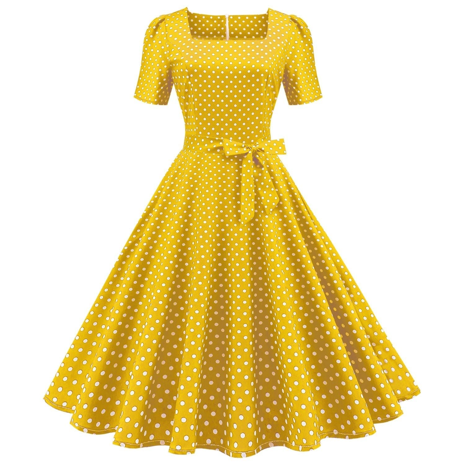 Womens 1950s Vintage Dress Bowknot Prom Short Sleeve Polka Dot Party Dress Yellow