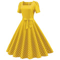 Womens 1950s Vintage Dress Bowknot Prom Short Sleeve Polka Dot Party Dress Yellow