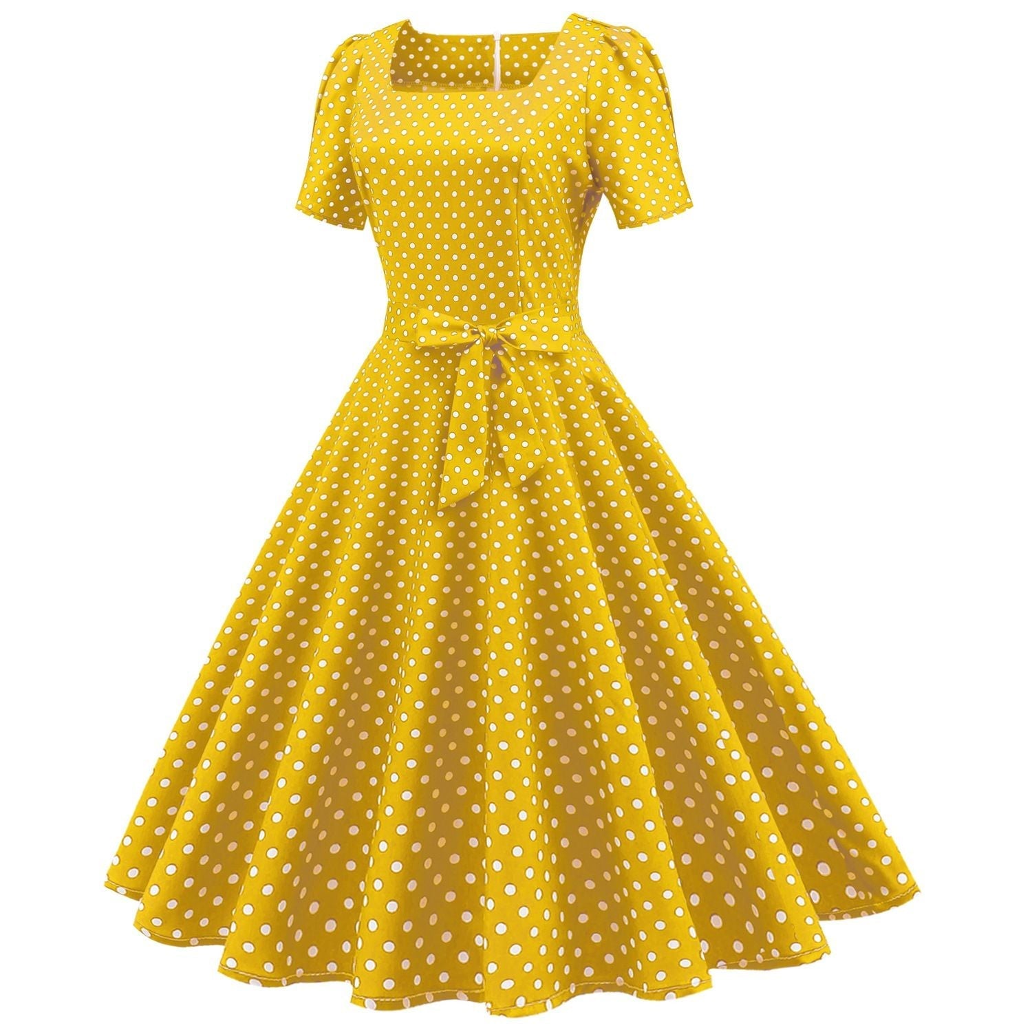Womens 1950s Vintage Dress Bowknot Prom Short Sleeve Polka Dot Party Dress Yellow