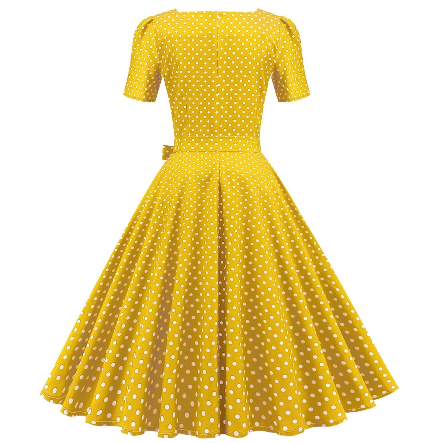 Womens 1950s Vintage Dress Bowknot Prom Short Sleeve Polka Dot Party Dress Yellow