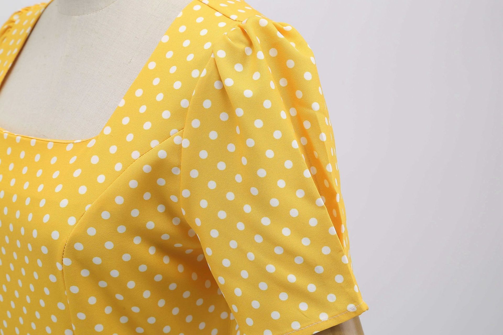 Womens 1950s Vintage Dress Bowknot Prom Short Sleeve Polka Dot Party Dress Yellow