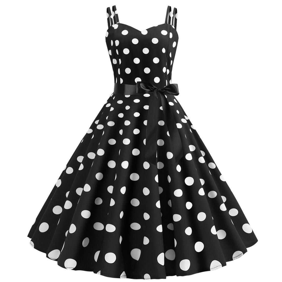 Womens 50s 60s Vintage Sleeveless Polka Dot A-Line Cocktail Party Dresses Black