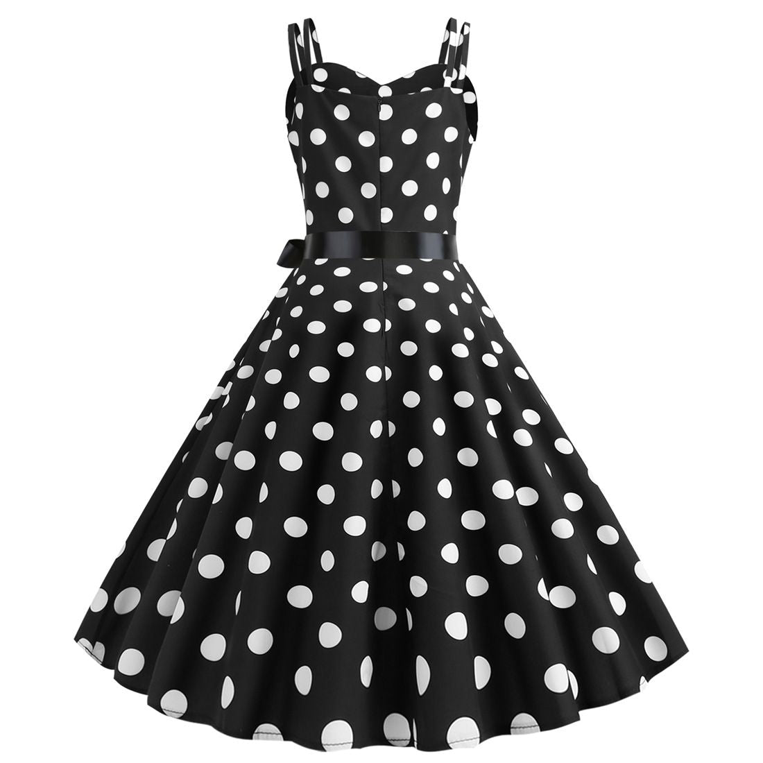 Womens 50s 60s Vintage Sleeveless Polka Dot A-Line Cocktail Party Dresses Black