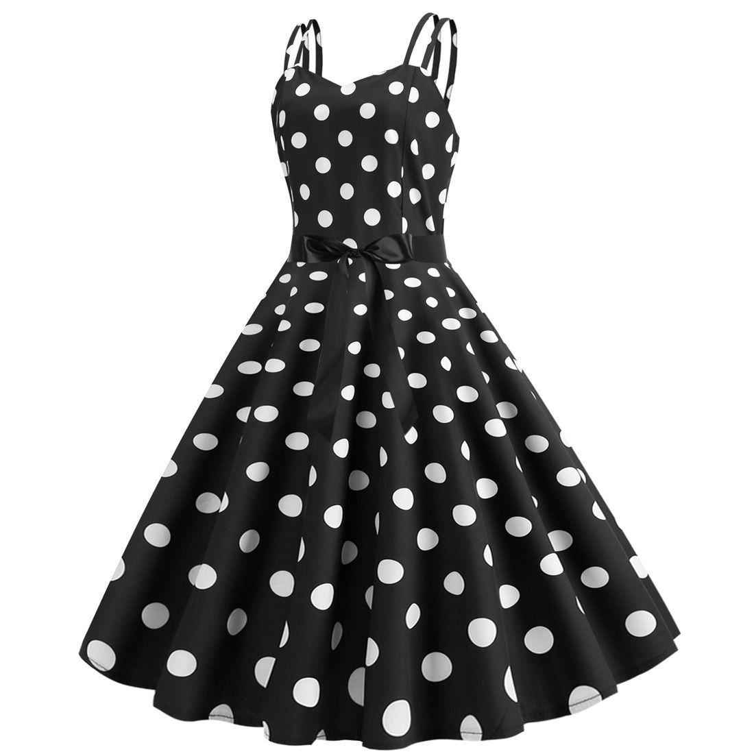 Womens 50s 60s Vintage Sleeveless Polka Dot A-Line Cocktail Party Dresses Black
