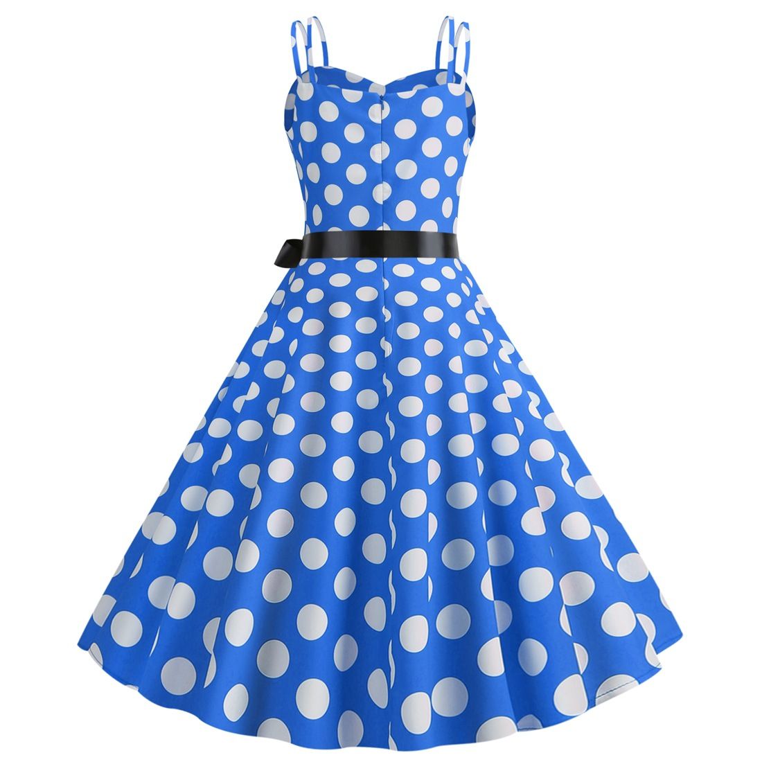 Womens 50s 60s Vintage Sleeveless Polka Dot A-Line Cocktail Party Dresses Blue