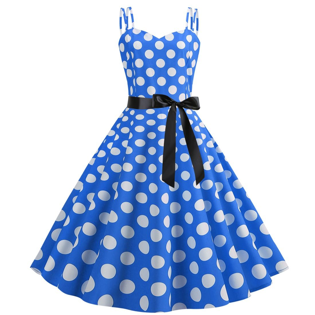 Womens 50s 60s Vintage Sleeveless Polka Dot A-Line Cocktail Party Dresses Blue