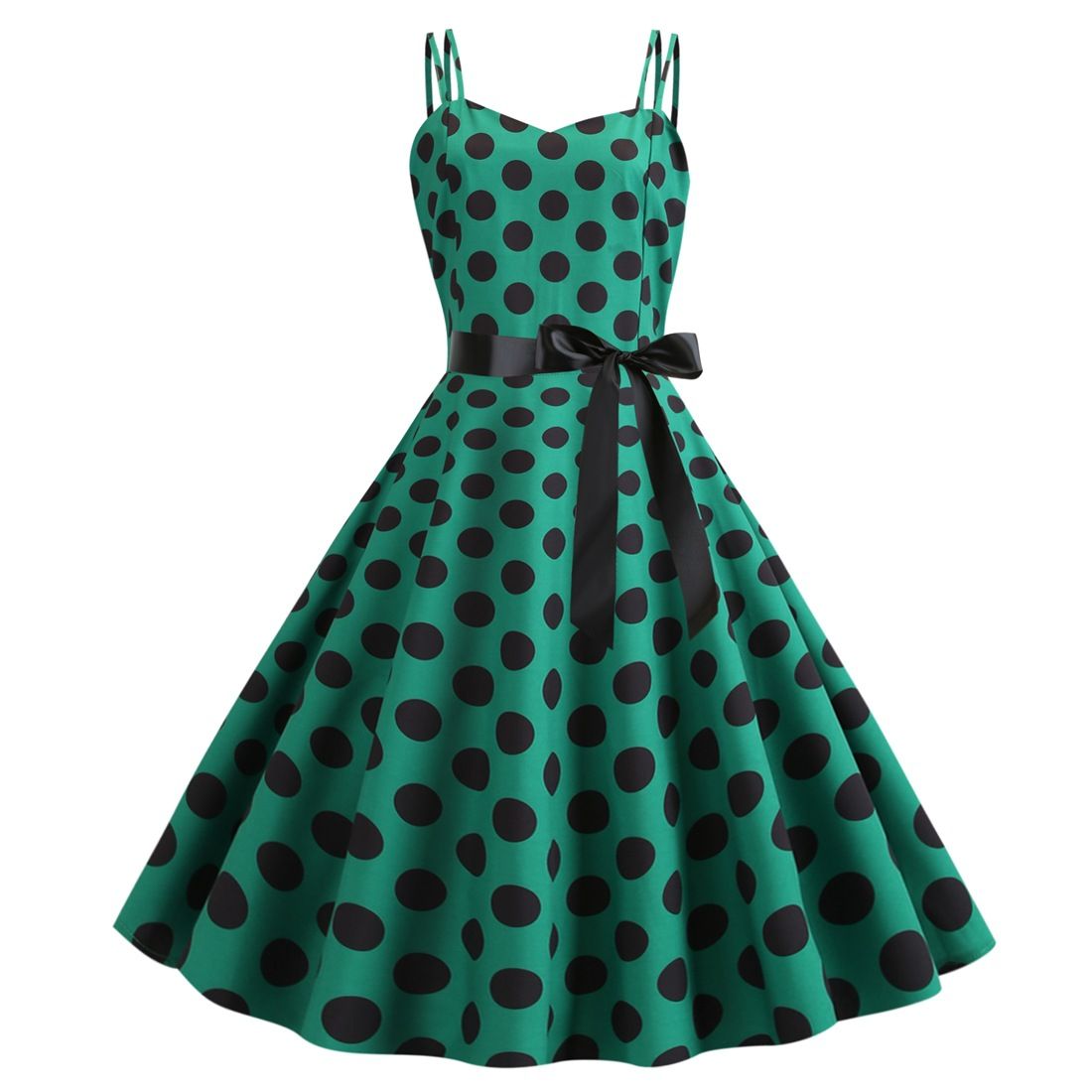 Womens 50s 60s Vintage Sleeveless Polka Dot A-Line Cocktail Party Dresses Green