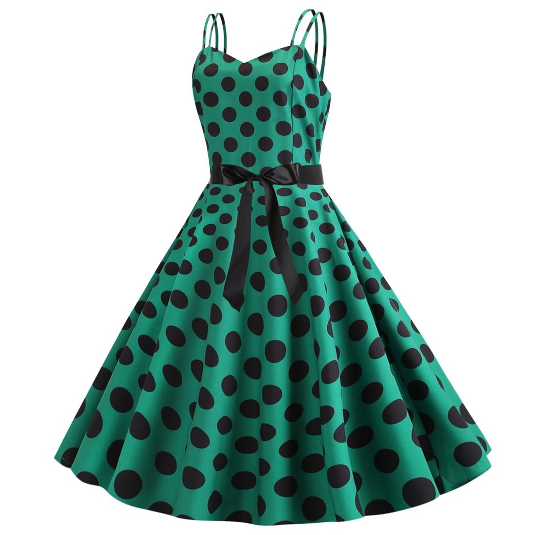 Womens 50s 60s Vintage Sleeveless Polka Dot A-Line Cocktail Party Dresses Green
