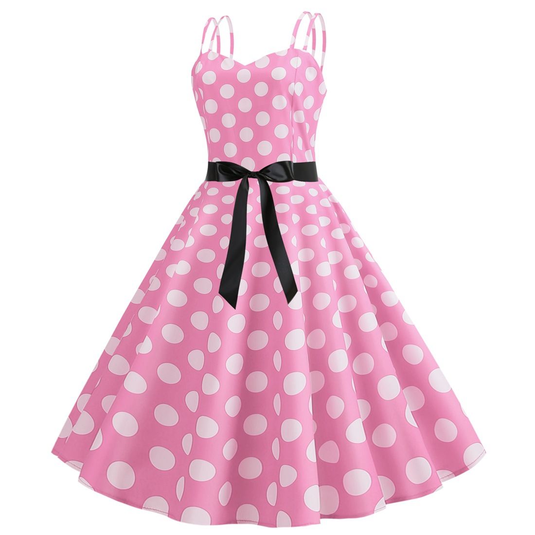 Womens 50s 60s Vintage Sleeveless Polka Dot A-Line Cocktail Party Dresses Pink