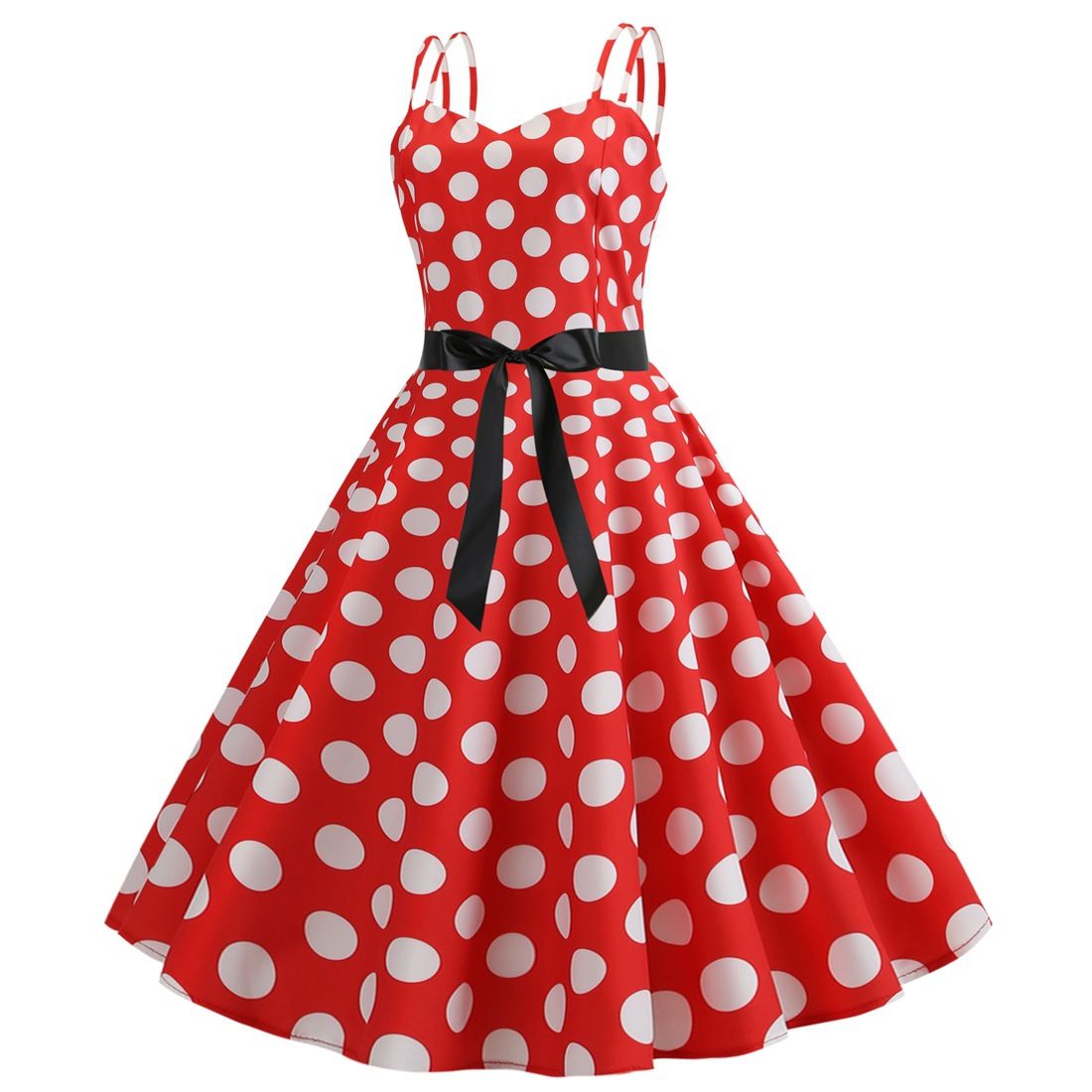 Womens 50s 60s Vintage Sleeveless Polka Dot A-Line Cocktail Party Dresses Red