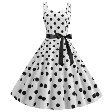 Womens 50s 60s Vintage Sleeveless Polka Dot A-Line Cocktail Party Dresses White