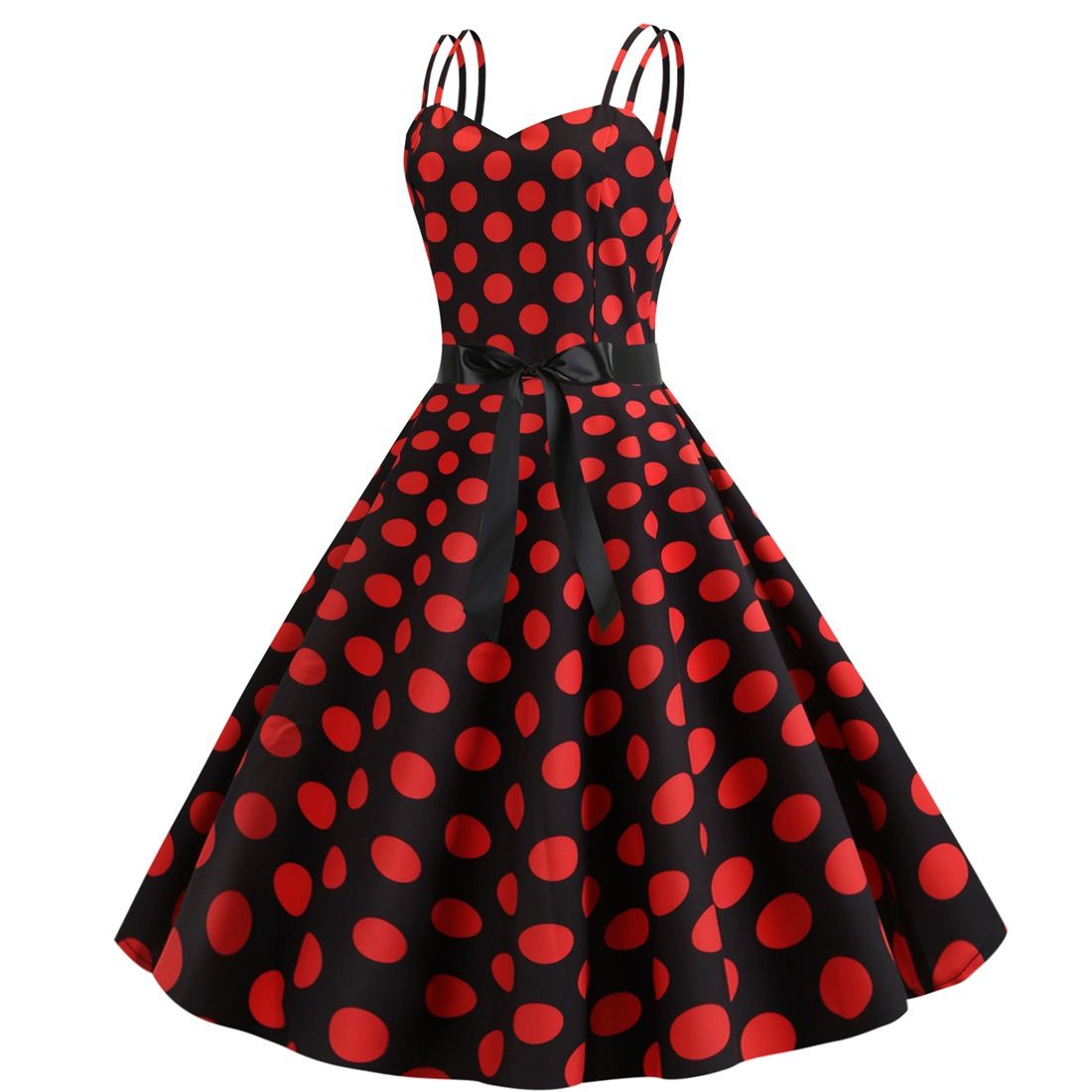 Womens 50s 60s Vintage Sleeveless Red Polka Dot A-Line Cocktail Party Dresses